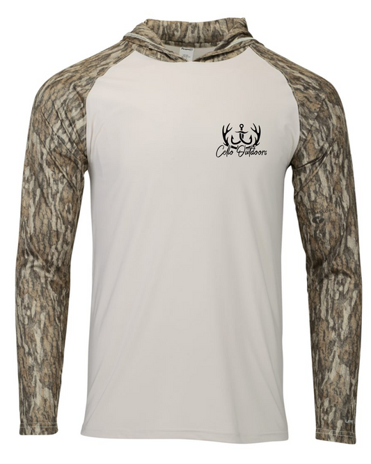 Long-sleeve shirt with camouflage sleeves and a logo on a white background