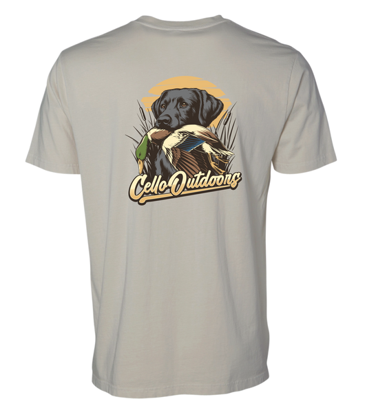 Beige t-shirt with a dog and duck graphic and 'Celtic Outdoors' text on a white background