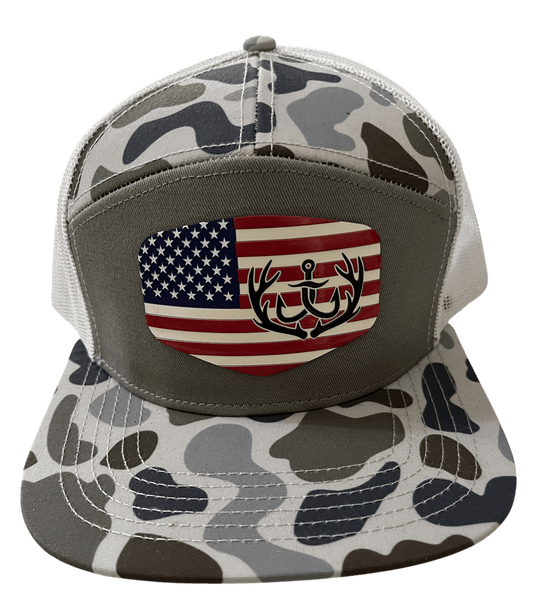 Brackish Camo - Lost Hat Company 7 - Panel Hat - Color Flag Logo - Cello Outdoors