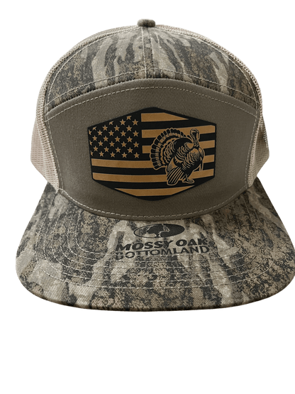 New Bottomland Camo - Lost Hat Company 7 - Panel Hat - Flag and Turkey Patch - Cello Outdoors
