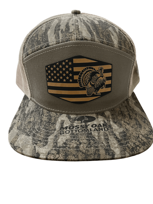 New Bottomland Camo - Lost Hat Company 7 - Panel Hat - Flag and Turkey Patch - Cello Outdoors