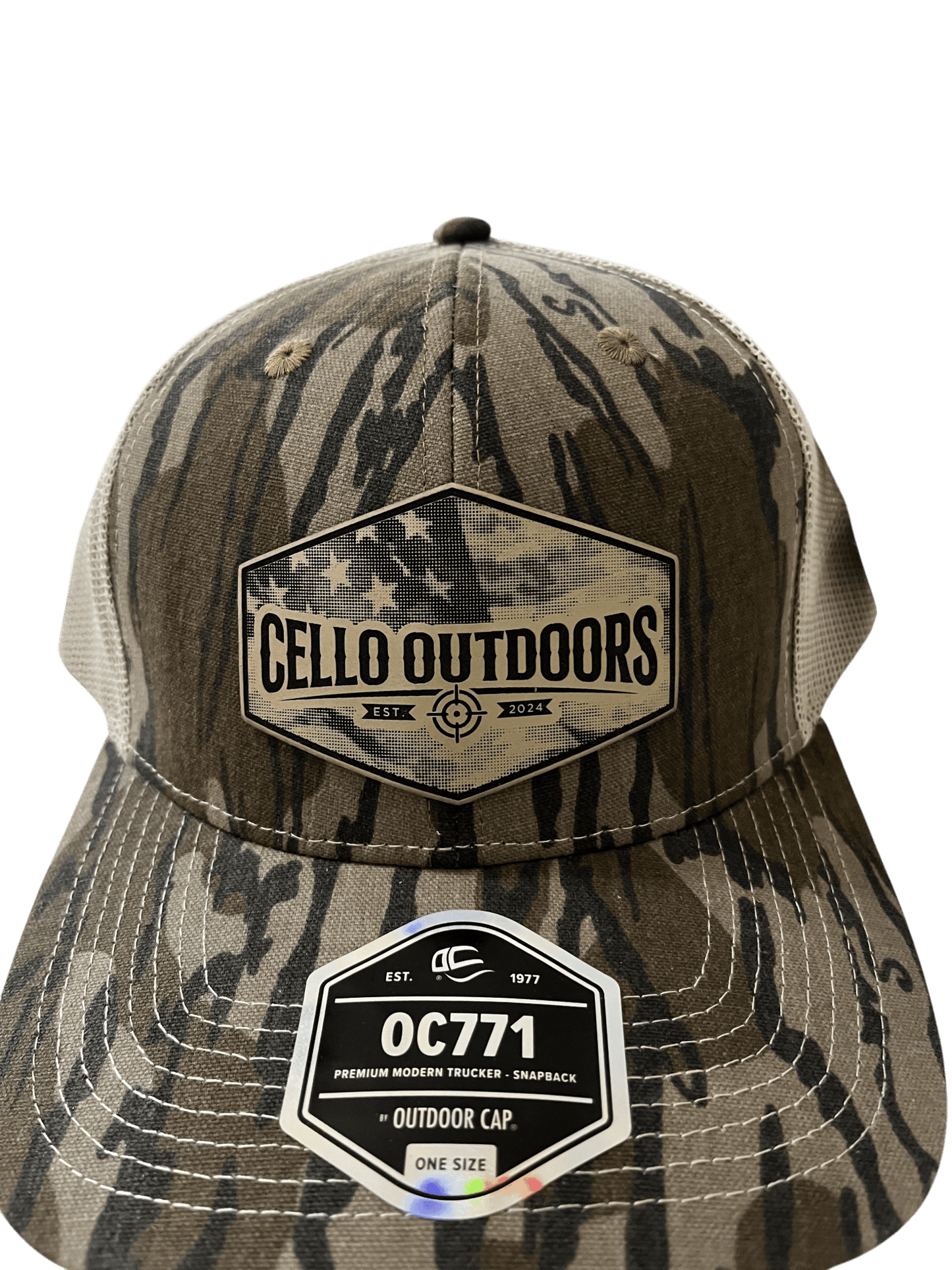 OC Bottomlands Camo 6 - Panel Hat - CO Logo Flag - Cello Outdoors