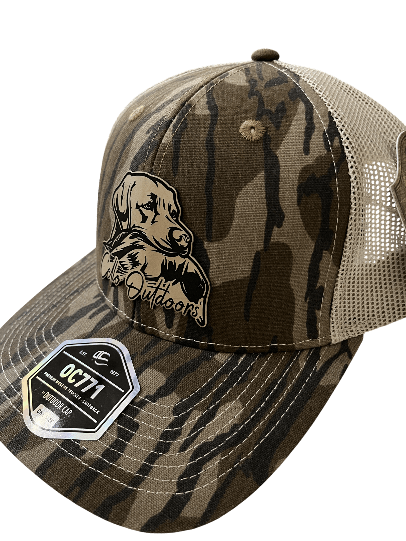 OC Bottomlands Camo 6 - Panel Hat - Dog & Duck Patch - Cello Outdoors