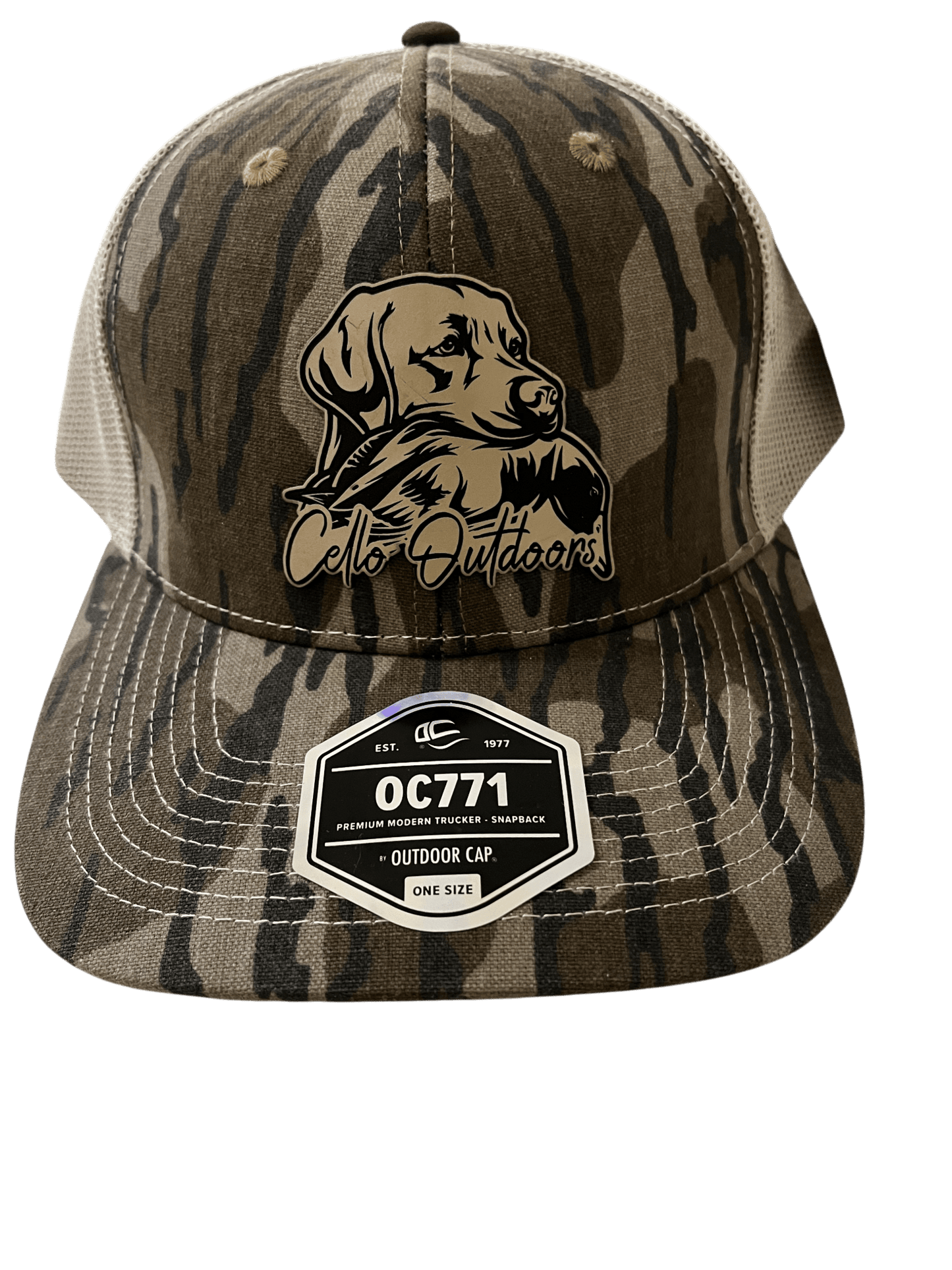 OC Bottomlands Camo 6 - Panel Hat - Dog & Duck Patch - Cello Outdoors
