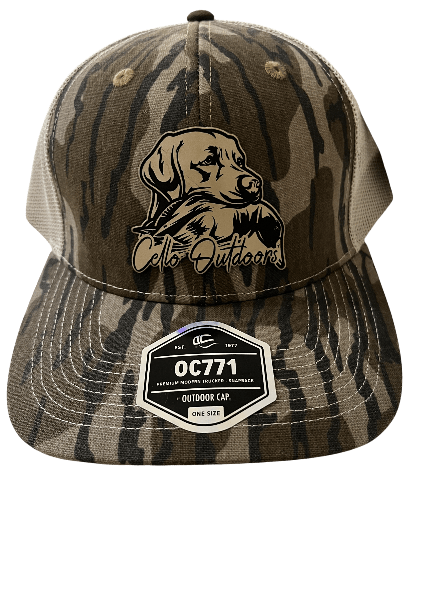 OC Bottomlands Camo 6 - Panel Hat - Dog & Duck Patch - Cello Outdoors