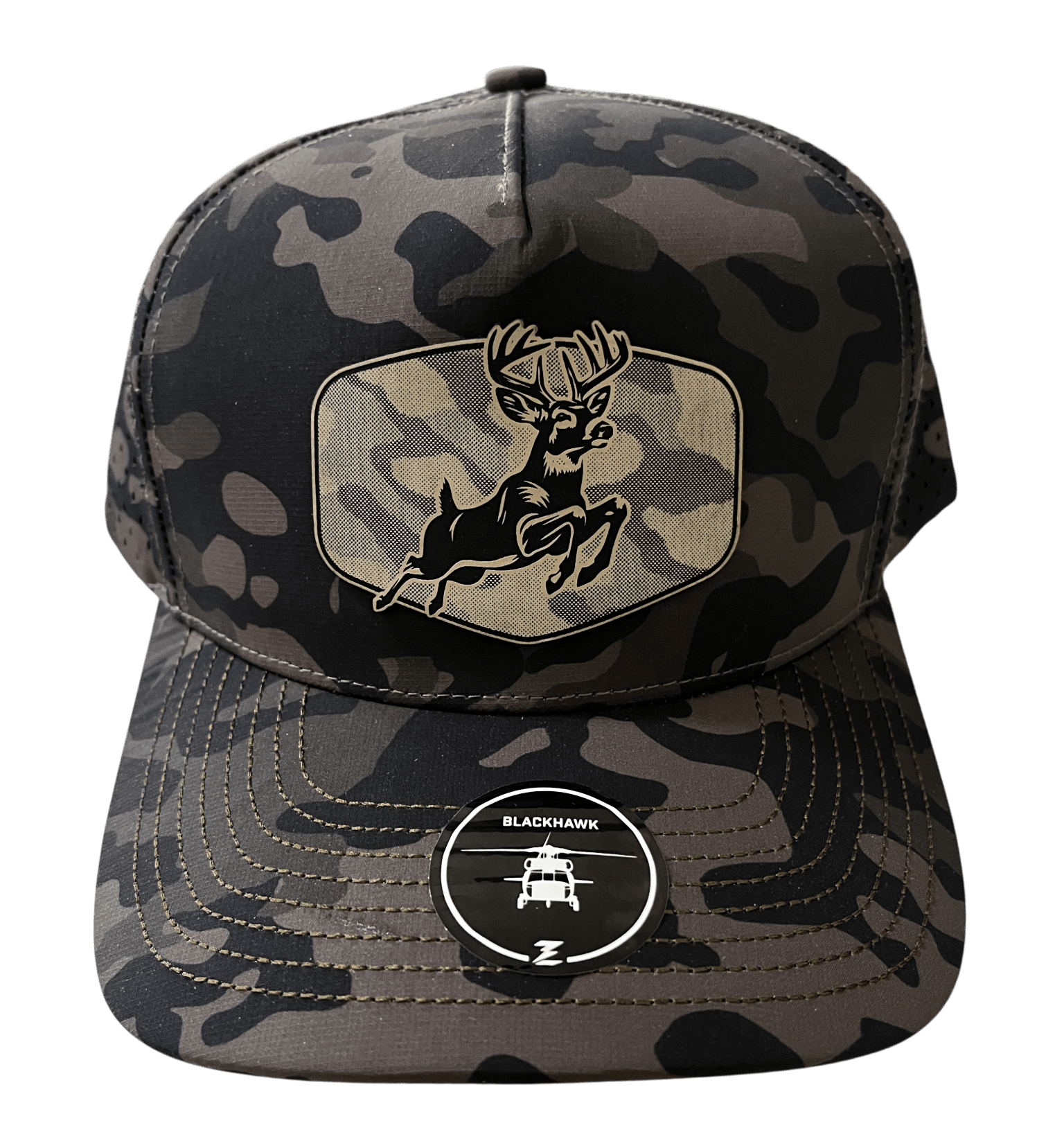 Olive Camo Zapped Headwear 5 - Panel Hat - Jumping Deer - Cello Outdoors