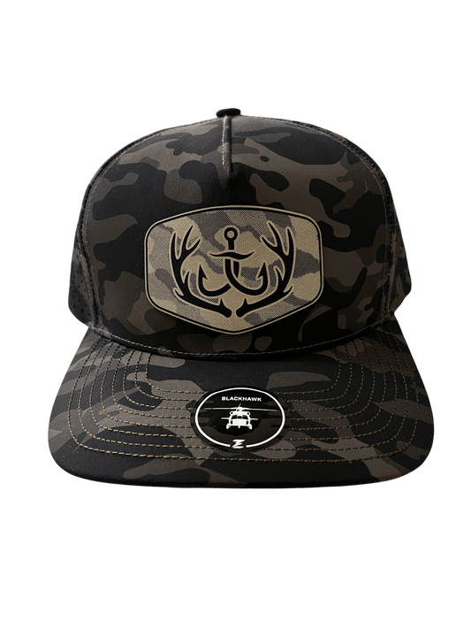 Olive Camo Zapped Headwear 5 - Panel Hat - Rack & Bow Patch - Cello Outdoors