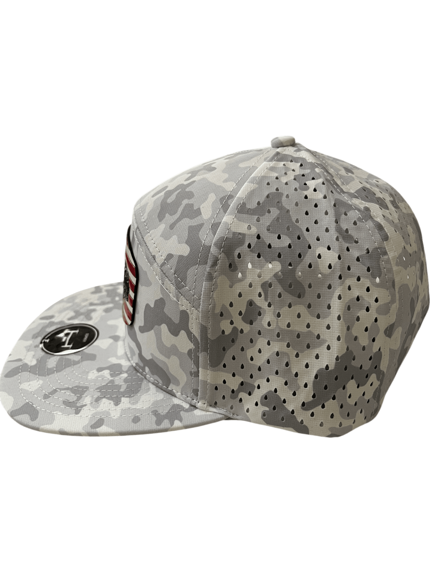 Snow Camo Zapped Headwear 7 - Panel Hat with color Flag Logo Patch - Cello Outdoors
