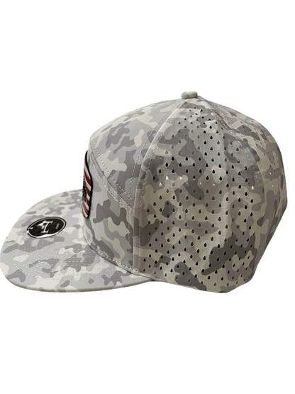 Snow Camo Zapped Headwear 7 - Panel Hat with color Flag Logo Patch - Cello Outdoors