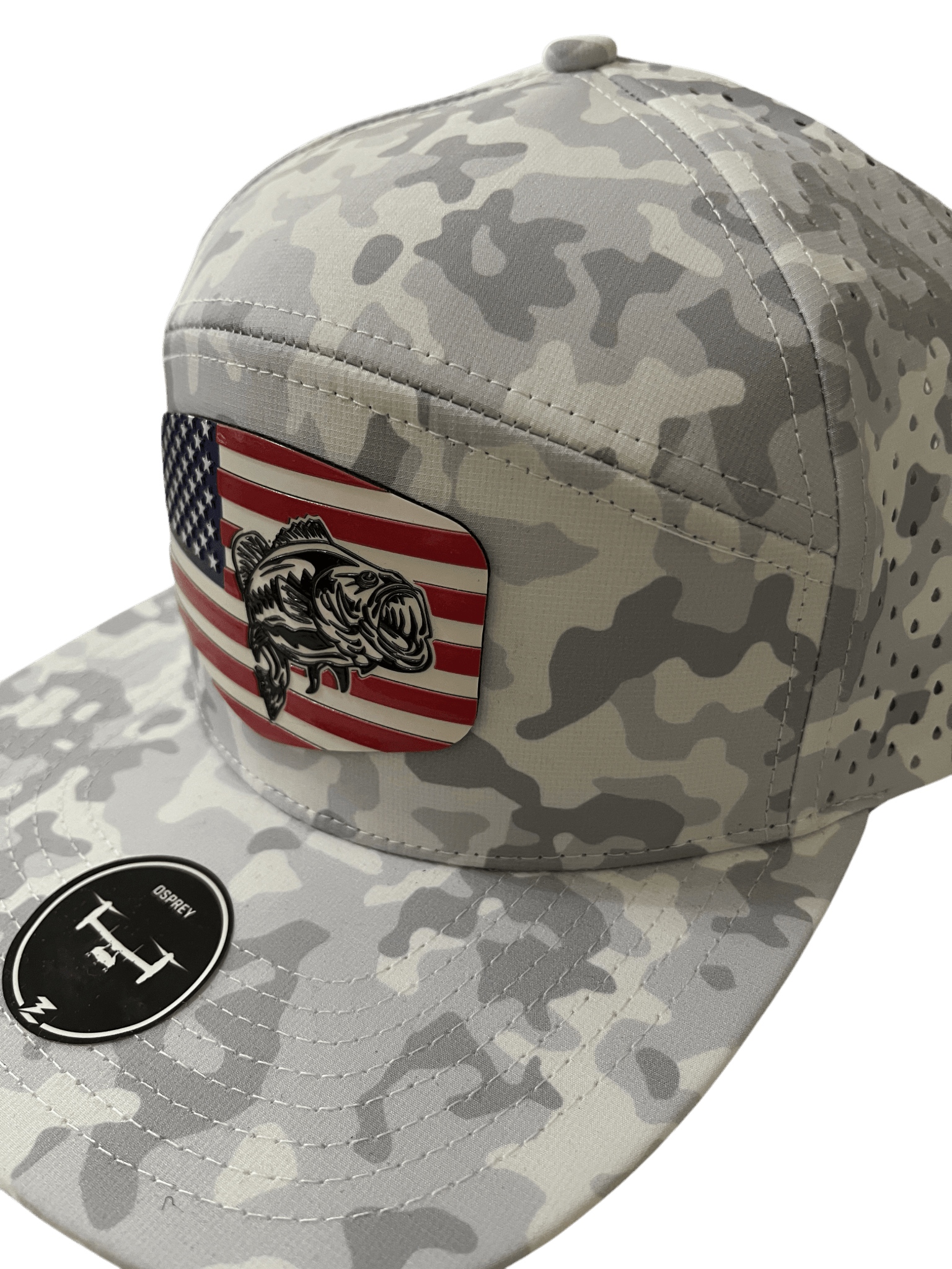 Snow Camo Zapped Headwear 7 - Panel Hat with color Flag Logo Patch - Cello Outdoors