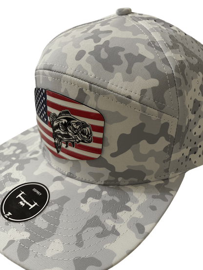 Snow Camo Zapped Headwear 7 - Panel Hat with color Flag Logo Patch - Cello Outdoors