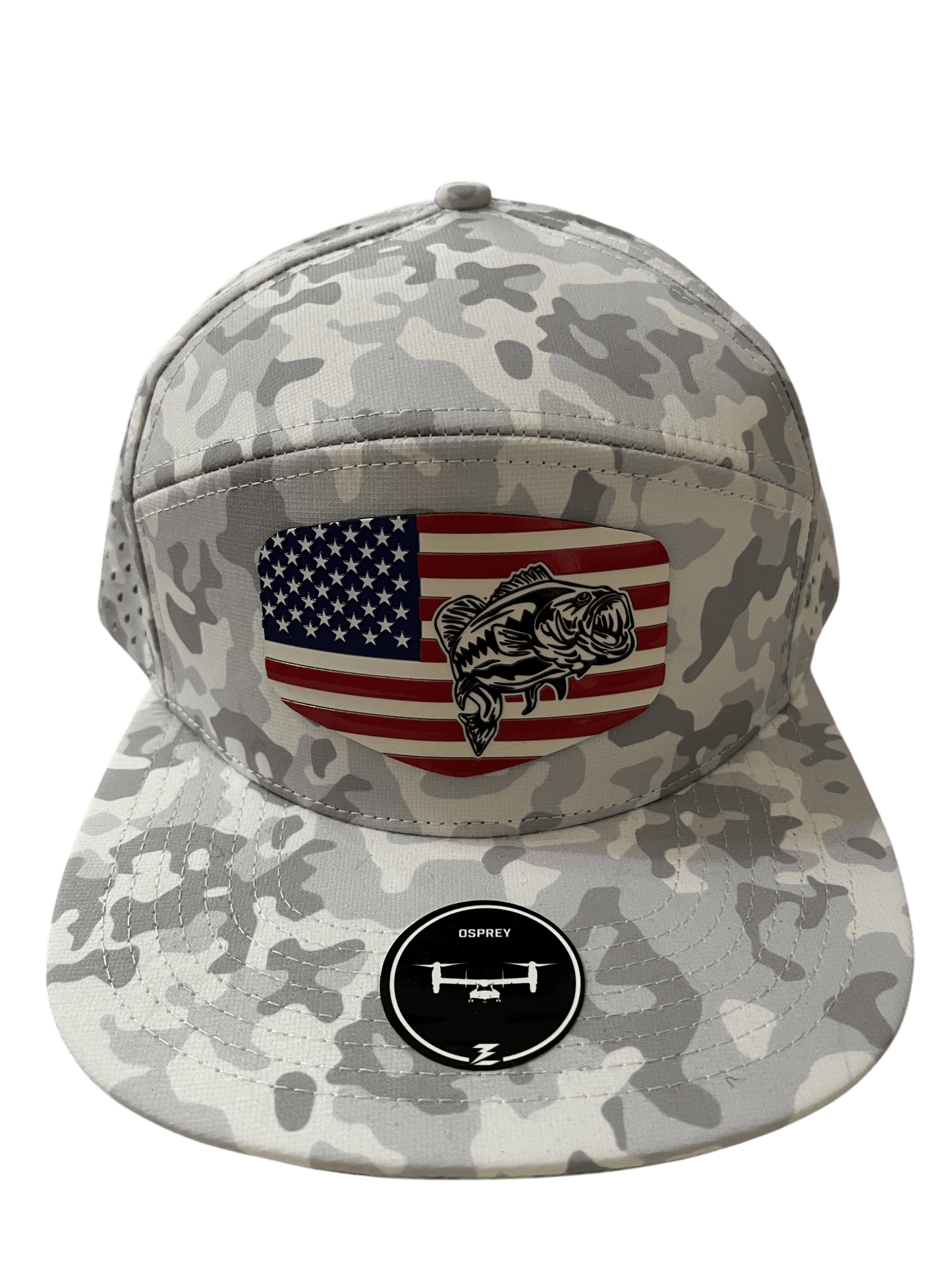 Snow Camo Zapped Headwear 7 - Panel Hat with color Flag Logo Patch - Cello Outdoors