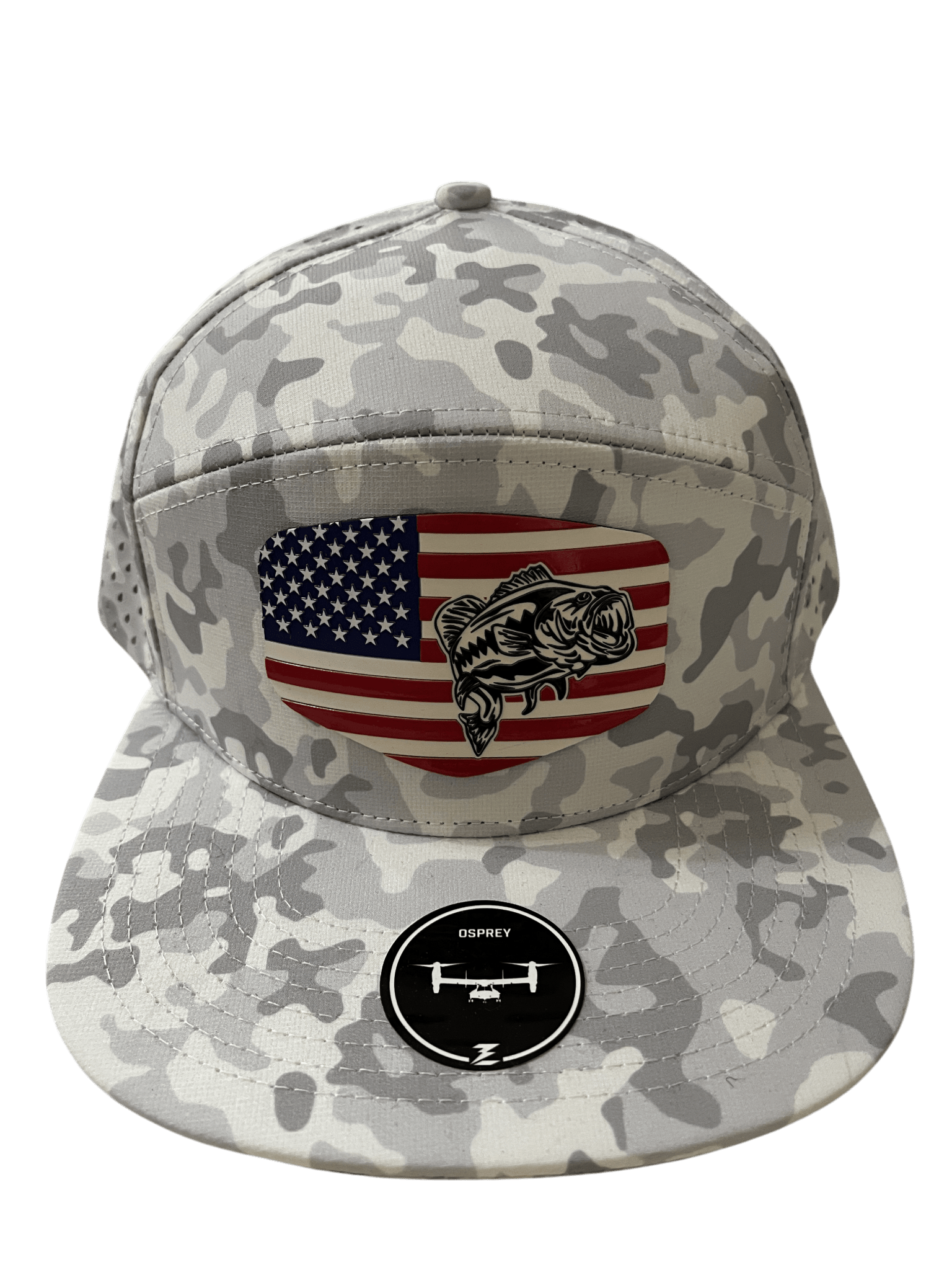 Snow Camo Zapped Headwear 7 - Panel Hat with color Flag Logo Patch - Cello Outdoors