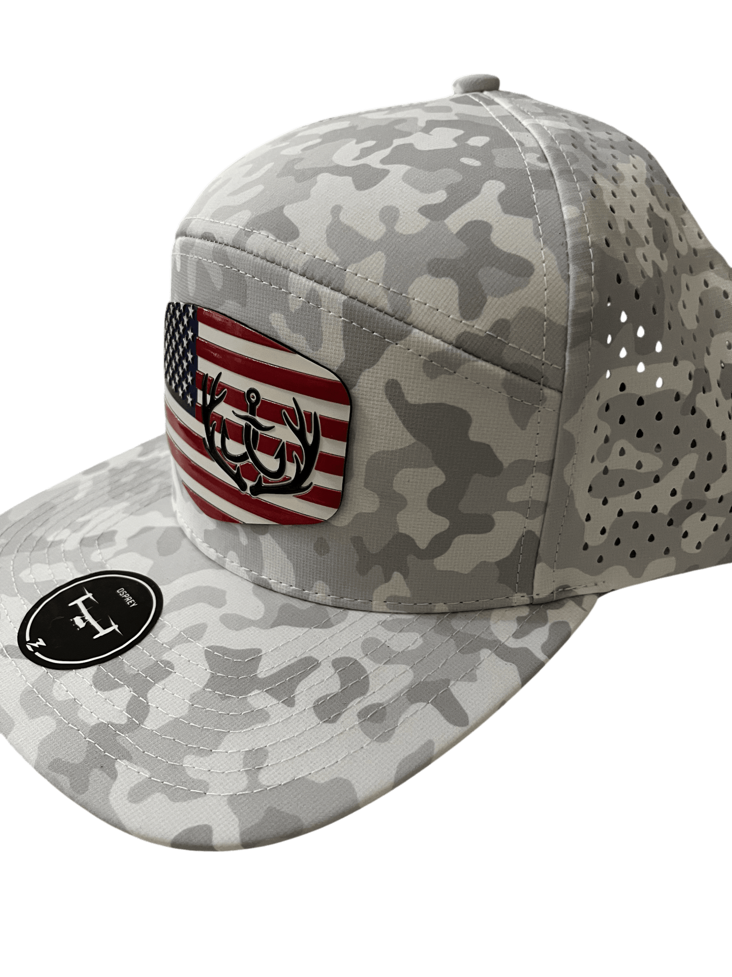 Snow Camo Zapped Headwear 7 - Panel Hat with Flag and Co Logo - Cello Outdoors
