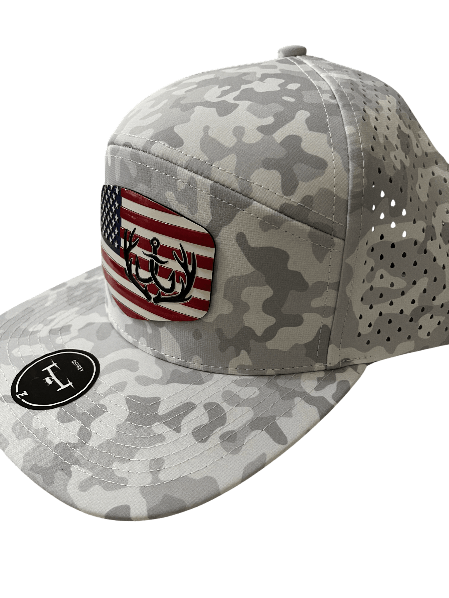 Snow Camo Zapped Headwear 7 - Panel Hat with Flag and Co Logo - Cello Outdoors