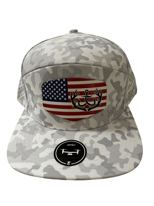 Snow Camo Zapped Headwear 7 - Panel Hat with Flag and Co Logo - Cello Outdoors